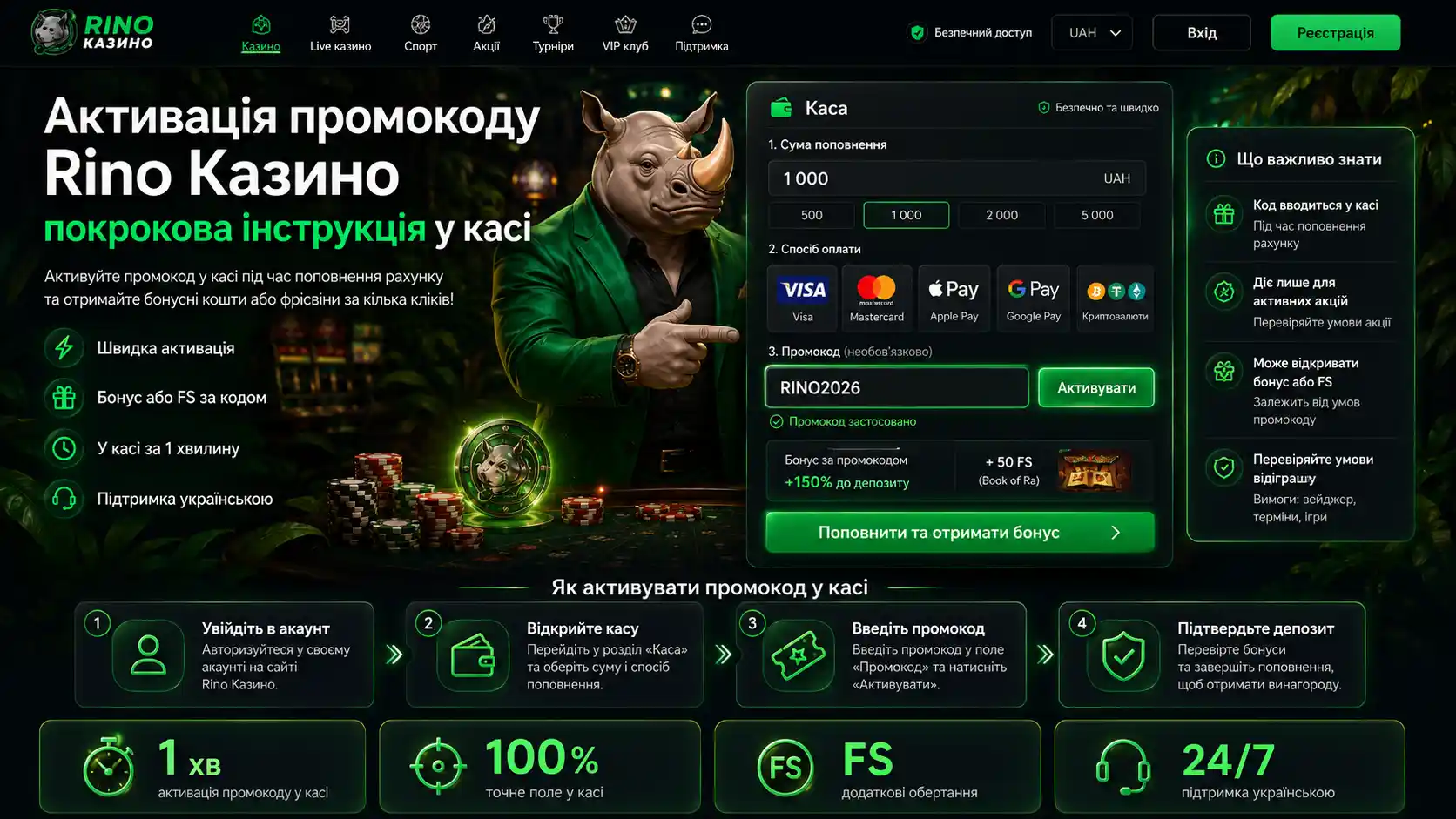 Активація промокоду Rino Казино: покрокова інструкція у касі